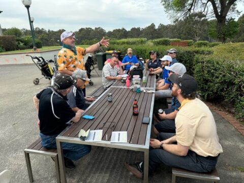 Chrispy explaining to the group that after maybe a few too many last Saturday night in Cobram he'll stay off the beers on Friday and win the Freddy Kitson next week