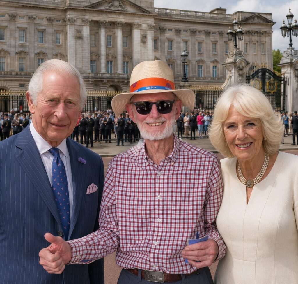 Harry (centre) in an AI generated photo with King Charles and Camilla outside Buckingham Palace