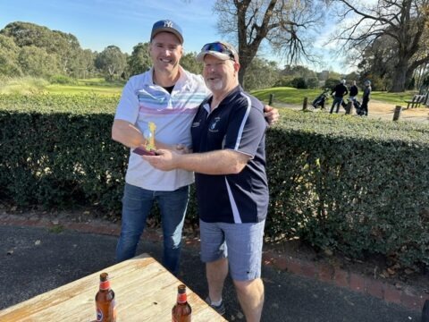 Wazza accepting his Hole-in-one trophy (30 May 2026 12th) from Rob after today's round