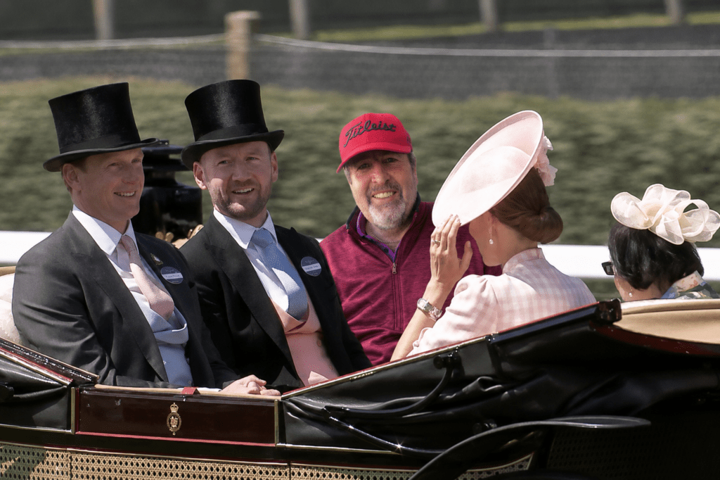 AI generated photo of Whitey in a carriage with a couple of famous trainers at the procession at the 2026 Royal Ascot races
